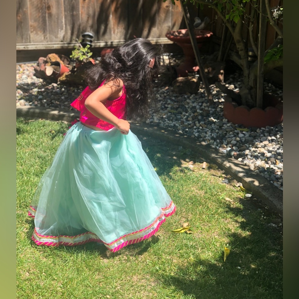 Beautiful light blue and pink lehenga. Almost new condition. Worn once.